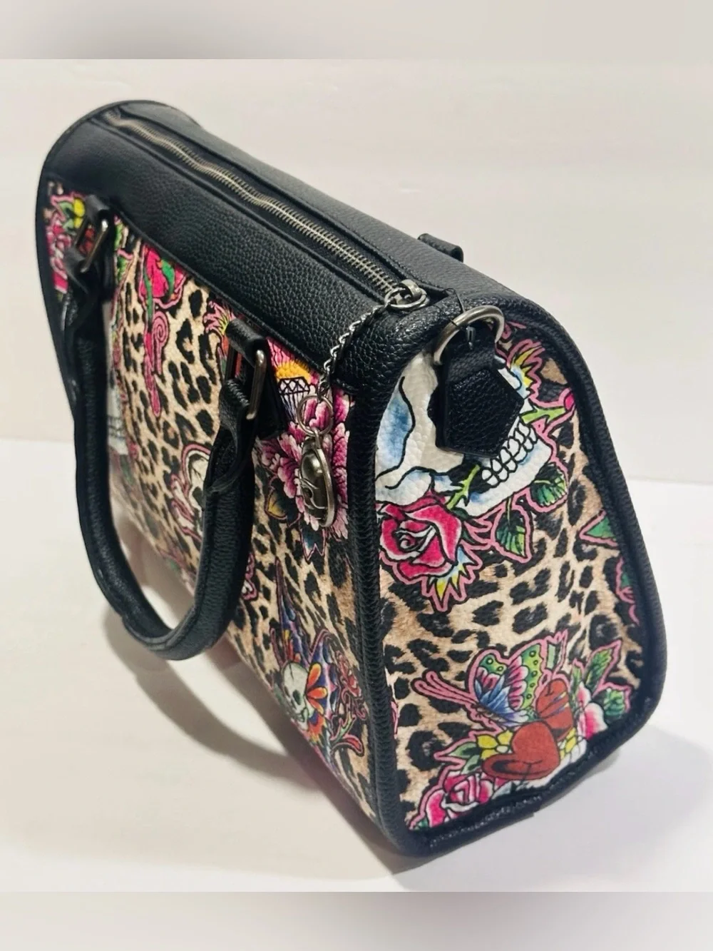 Ed Hardy Floral Skull Leopard Print Satchel - Handbag